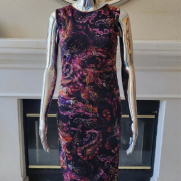 Fuzzi GAULTIER Purple Paisley Graphic Print Slinky Bodycon Dress Size S - Picture 2 of 6